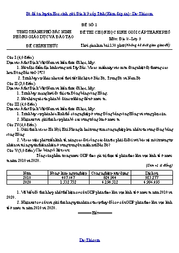 Bộ đề ôn luyện Học sinh giỏi Địa lí 9 cấp Tỉnh (Kèm đáp án)