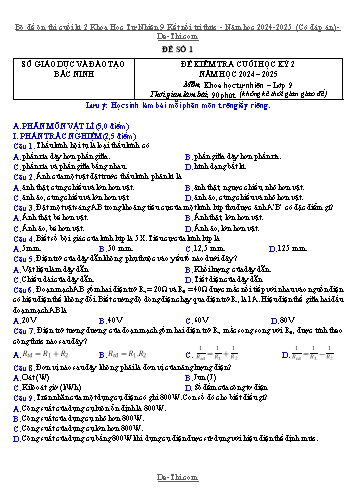 Bộ đề ôn thi cuối kì 2 Khoa Học Tự Nhiên 9 Kết nối tri thức - Năm học 2024-2025 (Có đáp án)