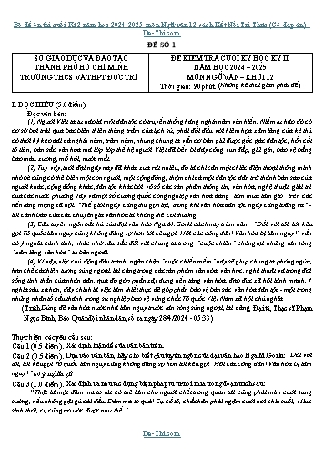 Bộ đề ôn thi cuối Kì 2 năm học 2024-2025 môn Ngữ văn 12 sách Kết Nối Tri Thức (Có đáp án)