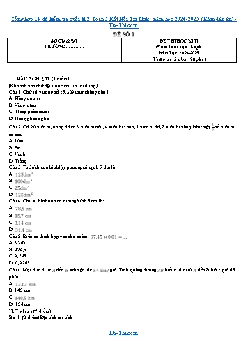 Tổng hợp 14 đề kiểm tra cuối kì 2 Toán 5 Kết Nối Tri Thức năm học 2024-2025 (Kèm đáp án)