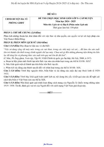 Bộ đề ôn luyện thi HSG Lịch sử 9 cấp Huyện 2024-2025 (Có đáp án)