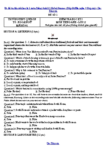 Bộ đề ôn thi cuối học kì 1 môn Tiếng Anh 12 Global Success (Đầy đủ File nghe + Đáp án)
