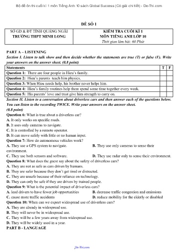 Bộ đề ôn thi cuối kì 1 môn Tiếng Anh 10 sách Global Success (Có giải chi tiết)