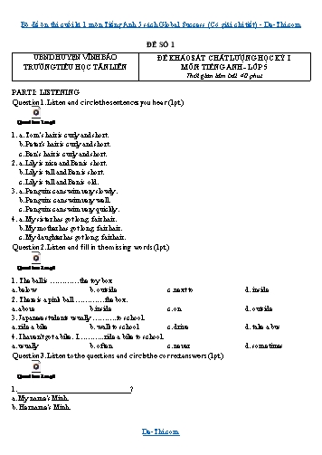 Bộ đề ôn thi cuối kì 1 môn Tiếng Anh 5 sách Global Success (Có giải chi tiết)