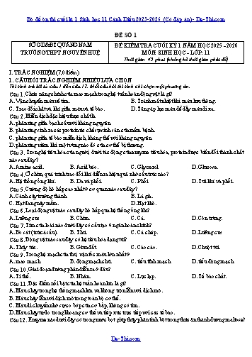 Bộ đề ôn thi cuối kì 1 Sinh học 11 Cánh Diều 2025-2026 (Có đáp án)