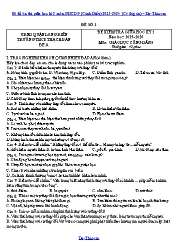 Bộ đề ôn thi giữa học kì 2 môn GDCD 9 (Cánh Diều) 2025-2026 (Có đáp án)