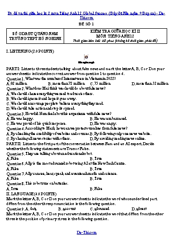 Bộ đề ôn thi giữa học kì 2 môn Tiếng Anh 12 Global Success (Đầy đủ File nghe + Đáp án)