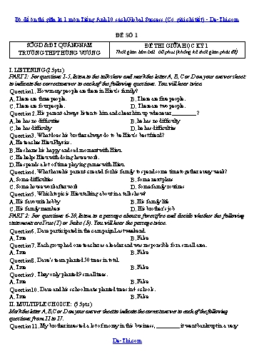 Bộ đề ôn thi giữa kì 1 môn Tiếng Anh 10 sách Global Success (Có giải chi tiết)