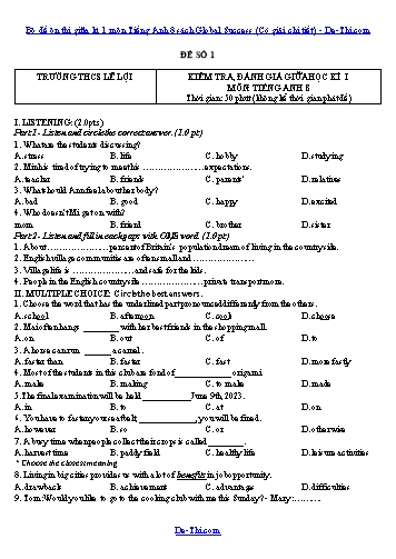 Bộ đề ôn thi giữa kì 1 môn Tiếng Anh 8 sách Global Success (Có giải chi tiết)