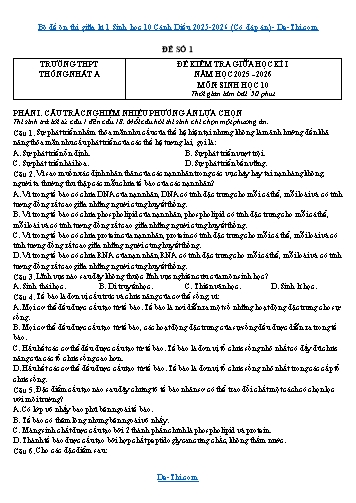 Bộ đề ôn thi giữa kì 1 Sinh học 10 Cánh Diều 2025-2026 (Có đáp án)