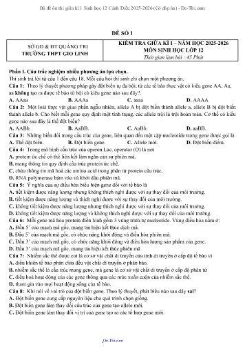 Bộ đề ôn thi giữa kì 1 Sinh học 12 Cánh Diều 2025-2026 (Có đáp án)