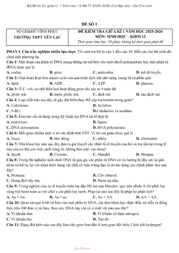 Bộ đề ôn thi giữa kì 1 Sinh học 12 KNTT 2025-2026 (Có đáp án)