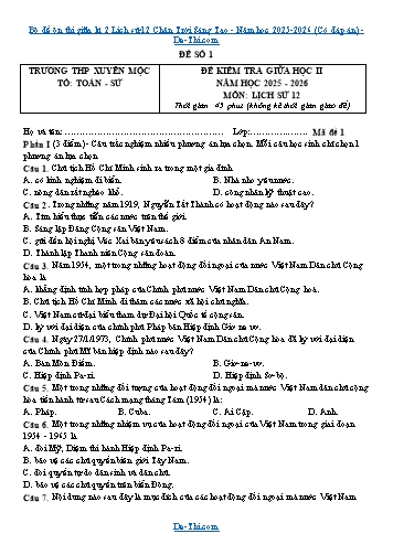 Bộ đề ôn thi giữa kì 2 Lịch sử 12 Chân Trời Sáng Tạo - Năm học 2025-2026 (Có đáp án)