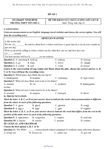 Bộ đề ôn thi giữa kì 2 môn Tiếng Anh 10 sách Global Success (Có giải chi tiết)