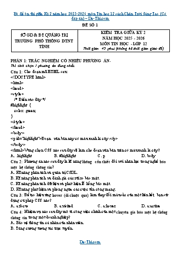 Bộ đề ôn thi giữa Kì 2 năm học 2025-2026 môn Tin học 12 sách Chân Trời Sáng Tạo (Có đáp án)