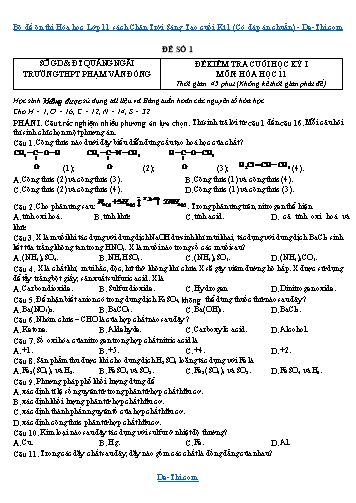 Bộ đề ôn thi Hóa học Lớp 11 sách Chân Trời Sáng Tạo cuối Kì 1 (Có đáp án chuẩn)