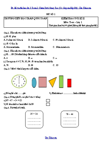 Bộ đề ôn thi học kì 2 Toán 1 Chân Trời Sáng Tạo (Có đáp án đầy đủ)
