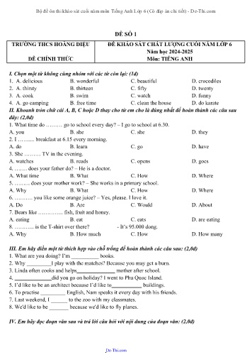 Bộ đề ôn thi khảo sát cuối năm môn Tiếng Anh Lớp 6 (Có đáp án chi tiết)