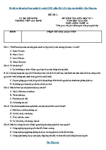 Bộ đề ôn thi môn Công nghệ 10 sách CTST giữa Kì 1 (Có đáp án chi tiết)