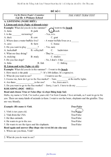 Bộ đề ôn thi Tiếng Anh Lớp 5 Smart Start học kì 1 (Có đáp án chi tiết)