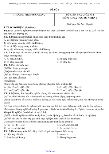 Đề ôn tập giữa Kì 1 Khoa học tự nhiên Lớp 7 sách Cánh Diều (20 Đề + Đáp án)