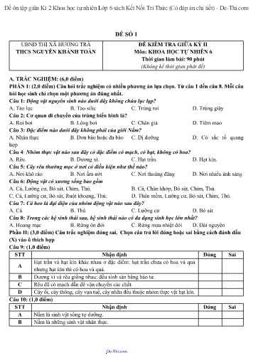 Đề ôn tập giữa Kì 2 Khoa học tự nhiên Lớp 6 sách Kết Nối Tri Thức (Có đáp án chi tiết)