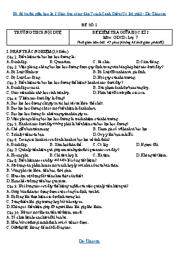 Bộ đề ôn thi giữa học kì 2 Giáo dục công dân 7 sách Cánh Diều (Có lời giải)