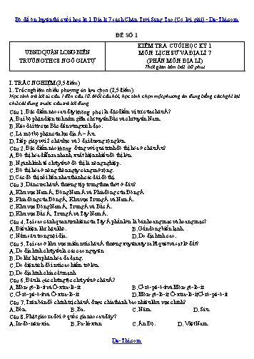 Bộ đề ôn luyện thi cuối học kì 1 Địa lí 7 sách Chân Trời Sáng Tạo (Có lời giải)