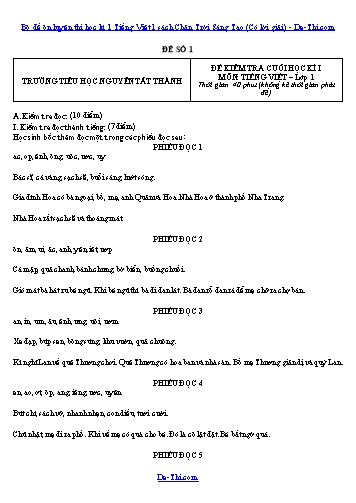 Bộ đề ôn luyện thi học kì 1 Tiếng Việt 1 sách Chân Trời Sáng Tạo (Có lời giải)