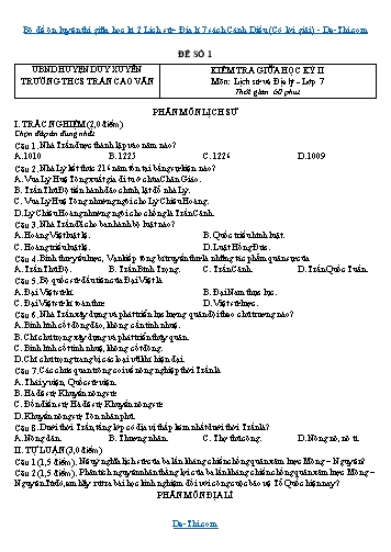 Bộ đề ôn luyện thi giữa học kì 2 Lịch sử - Địa lí 7 sách Cánh Diều (Có lời giải)
