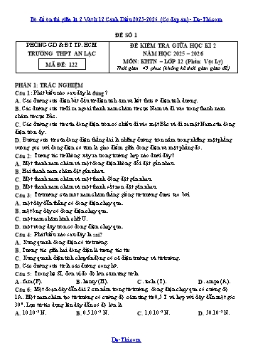 Bộ đề ôn thi giữa kì 2 Vật lí 12 Cánh Diều 2025-2026 (Có đáp án)