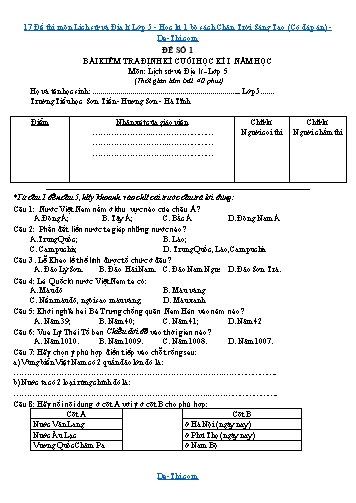 17 Đề thi môn Lịch sử và Địa lí Lớp 5 - Học kì 1 bộ sách Chân Trời Sáng Tạo (Có đáp án)