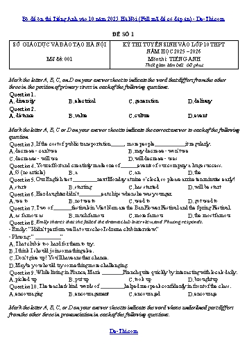 Bộ đề ôn thi Tiếng Anh vào 10 năm 2025 Hà Nội (Full mã đề có đáp án)