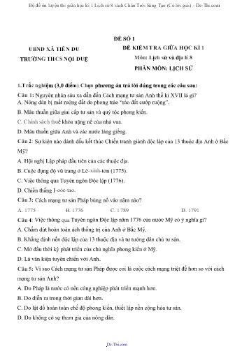 Bộ đề ôn luyện thi giữa học kì 1 Lịch sử 8 sách Chân Trời Sáng Tạo (Có lời giải)