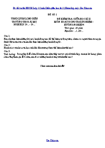 Bộ đề ôn thi HĐTN Lớp 6 Cánh Diều giữa học kì 2 (Kèm đáp án)