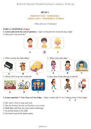 Bộ đề ôn thi Tiếng Anh 5 Wonderful World học kì 1 (Kèm key)