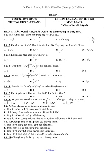 Bộ đề ôn thi Toán học kì 1 Lớp 8 Cánh Diều (Có lời giải)