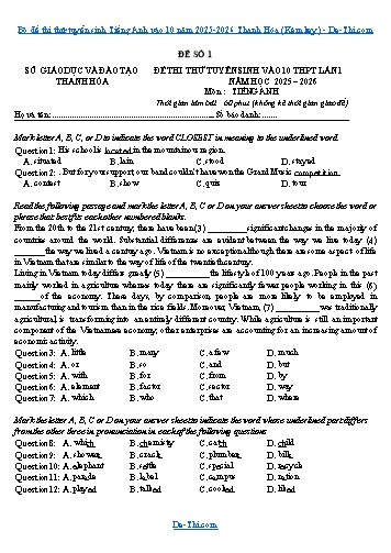 Bộ đề thi thử tuyển sinh Tiếng Anh vào 10 năm 2025-2026 Thanh Hóa (Kèm key)