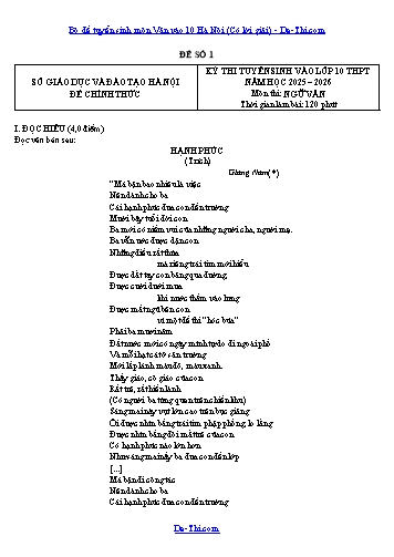Bộ đề tuyển sinh môn Văn vào 10 Hà Nội (Có lời giải)