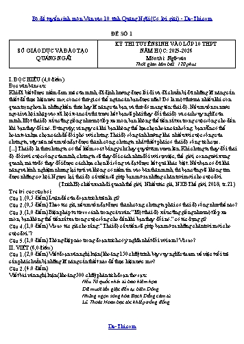 Bộ đề tuyển sinh môn Văn vào 10 tỉnh Quảng Ngãi (Có lời giải)