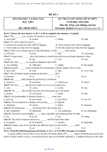 Bộ đề tuyển sinh vào 10 môn Tiếng Anh Bạc Liêu (Đầy đủ các năm + Key)