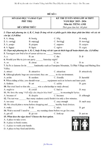 Bộ đề tuyển sinh vào 10 môn Tiếng Anh Phú Thọ (Đầy đủ các năm + Key)