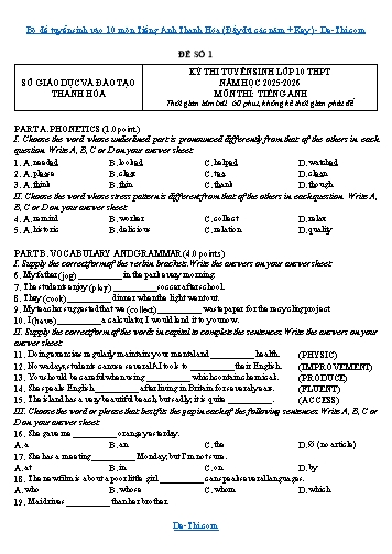 Bộ đề tuyển sinh vào 10 môn Tiếng Anh Thanh Hóa (Đầy đủ các năm + Key)