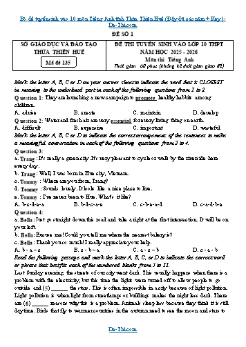 Bộ đề tuyển sinh vào 10 môn Tiếng Anh tỉnh Thừa Thiên Huế (Đầy đủ các năm + Key)