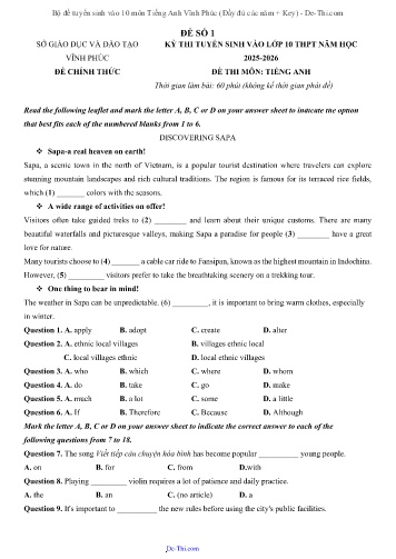 Bộ đề tuyển sinh vào 10 môn Tiếng Anh Vĩnh Phúc (Đầy đủ các năm + Key)