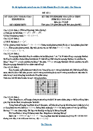 Bộ đề tuyển sinh môn Toán vào 10 tỉnh Khánh Hòa (Có lời giải)