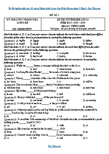Bộ đề tuyển sinh vào 10 môn Tiếng Anh Long An (Đầy đủ các năm + Key)