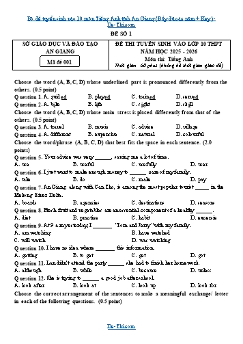 Bộ đề tuyển sinh vào 10 môn Tiếng Anh tỉnh An Giang (Đầy đủ các năm + Key)