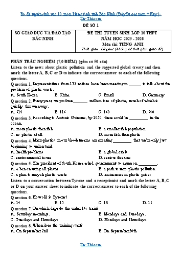 Bộ đề tuyển sinh vào 10 môn Tiếng Anh tỉnh Bắc Ninh (Đầy đủ các năm + Key)